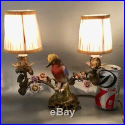 Antique French Shabby Vtg Chic Metal Tole Porcelain Bird & Flowers Table Lamp