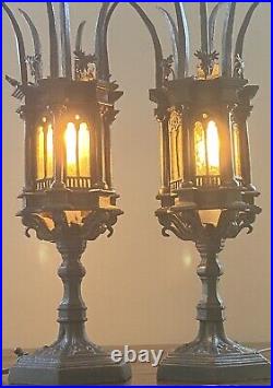 Antique Gothic Revival Lamps Cast Iron Cathedral Windows Spikes Superb