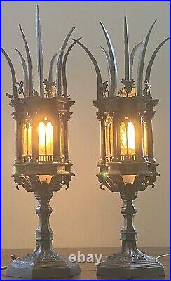 Antique Gothic Revival Lamps Cast Iron Cathedral Windows Spikes Superb