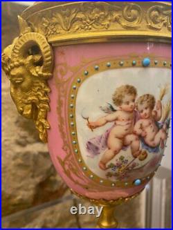 Antique Pair Of Cassolette Lamps Porcelain Sèvres Gilded Bronze France Goat 19th