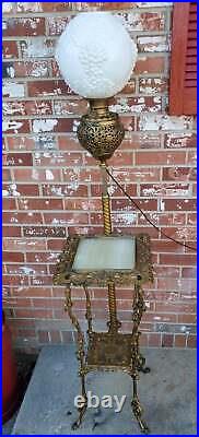 Antique Piano Parlor Floor Lamp Ornate Cast Iron Brass Marble 2 Tier Table