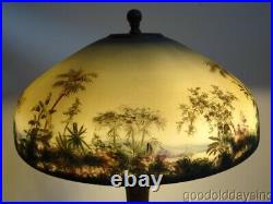 Antique Pittsburgh Reverse Painted Scenic Jungle Beach Scene Glass Table Lamp