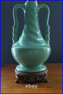 Antique Rumrill Vase Style Green Glaze Art Pottery Table Lamp