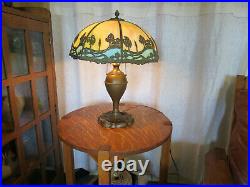Antique Scenic Overlay Slag Glass Lamp Bradley Hubbard Handel Miller Era