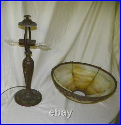 Antique Slag Glass Caramel Six Panel Electric Table Lamp