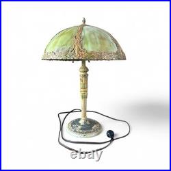 Antique Slag Glass Table Lamp 6 Panel Green Floral Overlay Shade