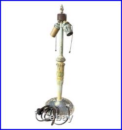 Antique Slag Glass Table Lamp 6 Panel Green Floral Overlay Shade