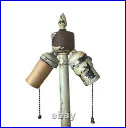 Antique Slag Glass Table Lamp 6 Panel Green Floral Overlay Shade