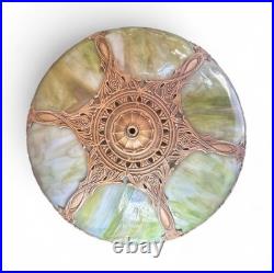 Antique Slag Glass Table Lamp 6 Panel Green Floral Overlay Shade