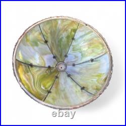 Antique Slag Glass Table Lamp 6 Panel Green Floral Overlay Shade