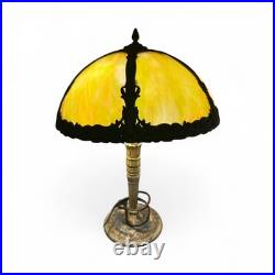 Antique Slag Glass Table Lamp 6 Panel Green Floral Overlay Shade Antique Slag Glass Table Lamp 6 Panel Green Floral Overlay Shade