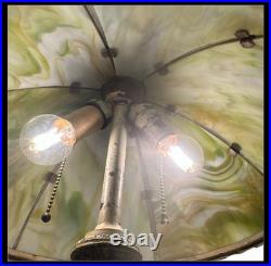 Antique Slag Glass Table Lamp 6 Panel Green Floral Overlay Shade