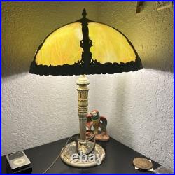 Antique Slag Glass Table Lamp 6 Panel Green Floral Overlay Shade Antique Slag Glass Table Lamp 6 Panel Green Floral Overlay Shade