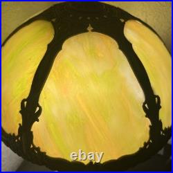 Antique Slag Glass Table Lamp 6 Panel Green Floral Overlay Shade