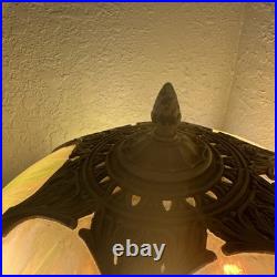 Antique Slag Glass Table Lamp 6 Panel Green Floral Overlay Shade