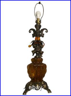Antique Table Lamp Brass Cherub and Amber glass base 3-way Light