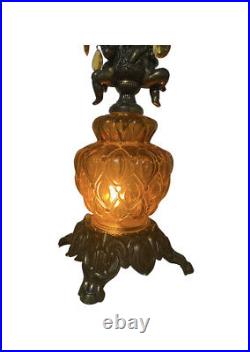 Antique Table Lamp Brass Cherub and Amber glass base 3-way Light