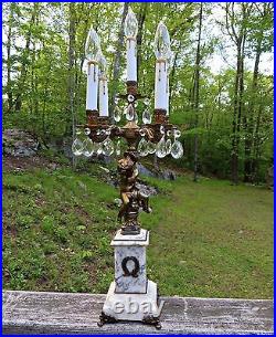 Antique Table Lamp Candelabra Cherub Angel Cupid Crystal Marble Brass 5 Lights