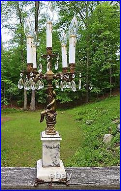 Antique Table Lamp Candelabra Cherub Angel Cupid Crystal Marble Brass 5 Lights