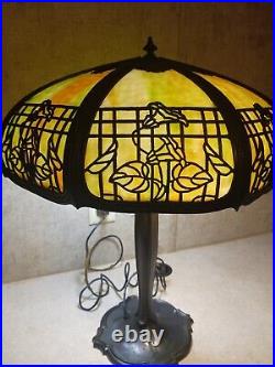 Antique Table Lamp Empire Lamp Co Chicago Morning Glories 8 Panel Slag Glass 17