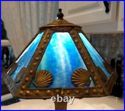 Antique Table Lamp Metal With Stain Glass Inserts Sea Shells