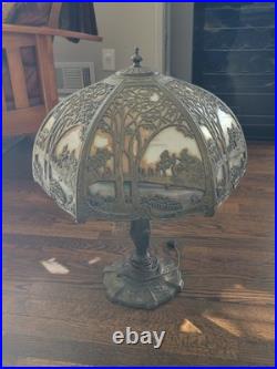 Antique The Mosaic Shade Co. Chicago Bent Slag Glass Table Lamp. Circa 1905-1914