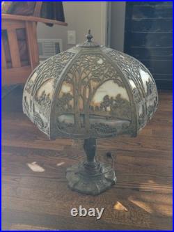 Antique The Mosaic Shade Co. Chicago Bent Slag Glass Table Lamp. Circa 1905-1914