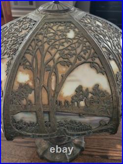 Antique The Mosaic Shade Co. Chicago Bent Slag Glass Table Lamp. Circa 1905-1914