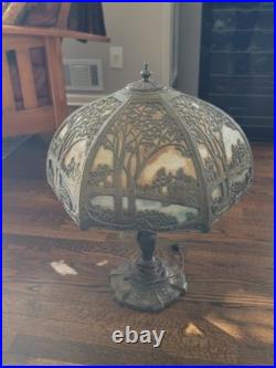 Antique The Mosaic Shade Co. Chicago Bent Slag Glass Table Lamp. Circa 1905-1914