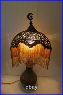 Antique Turkish Moroccan Pierced Brass Beaded Table Lamp Crescent Moon Shade
