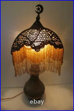 Antique Turkish Moroccan Pierced Brass Beaded Table Lamp Crescent Moon Shade