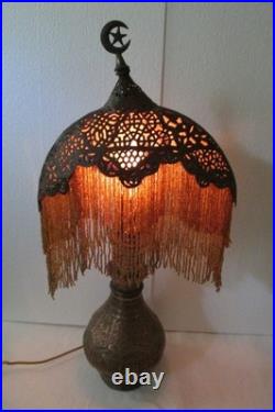 Antique Turkish Moroccan Pierced Brass Beaded Table Lamp Crescent Moon Shade