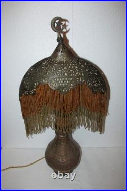 Antique Turkish Moroccan Pierced Brass Beaded Table Lamp Crescent Moon Shade