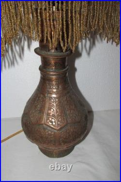 Antique Turkish Moroccan Pierced Brass Beaded Table Lamp Crescent Moon Shade