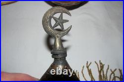 Antique Turkish Moroccan Pierced Brass Beaded Table Lamp Crescent Moon Shade