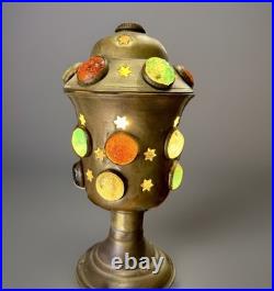 Antique Victorian Arts & Crafts Jeweled Brass Moroccan Stars Table Lamp Vintage