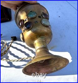 Antique Victorian Arts & Crafts Jeweled Brass Moroccan Stars Table Lamp Vintage