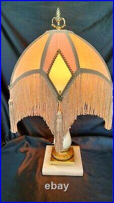 Antique Victorian Fabric Tassel Shade Jadeite & Marble Base Table Lamp 25 tall