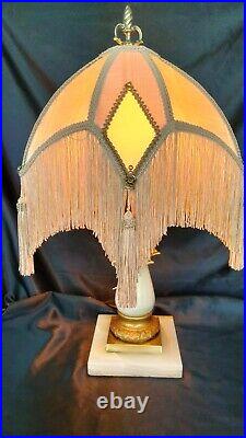 Antique Victorian Fabric Tassel Shade Jadeite & Marble Base Table Lamp 25 tall