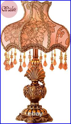 Antique Victorian Table Lamp Tiffany Style Floral Desk Light Fringe Fabric Lamps