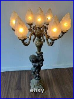 Antique Vintage Cherub Lamp Newel Post Top Bronze & Brass Green Patina