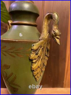 Antique Vintage French Hand Painted Tole Urn Table Lamp Swan Handles Caduceus