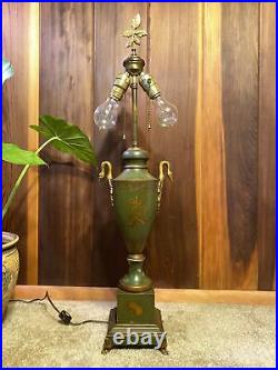 Antique Vintage French Hand Painted Tole Urn Table Lamp Swan Handles Caduceus