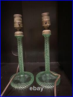 Antique Vintage Green Uranium Vaseline Glass Candlestick Lamp Pair Art Deco