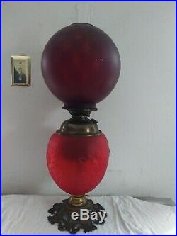 Antique Vintage Ruby Red Gone With The Wind Hurricane Chamber Table Lamp