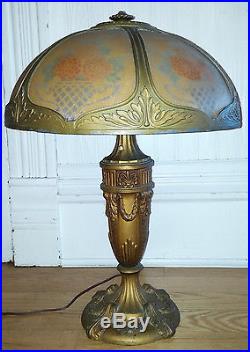 Antique Vtg Cast Metal Table Lamp with Ridged Reverse Printed Floral Panel Shade