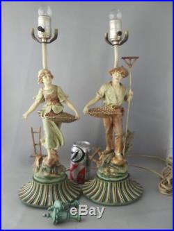 Antique Vtg French Francaise Paris Spelter Metal Peasant Couple Statue Lamp Pair
