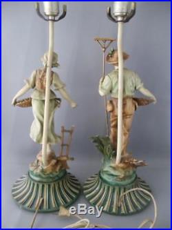 Antique Vtg French Francaise Paris Spelter Metal Peasant Couple Statue Lamp Pair