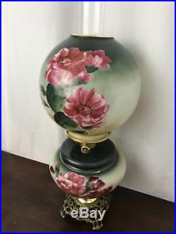 Antique Vtg Gone With The Wind Oil Lamp Victorian Parlor Painted Pink Rose Green