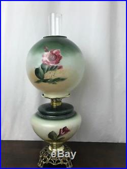 Antique Vtg Gone With The Wind Oil Lamp Victorian Parlor Painted Pink Rose Green
